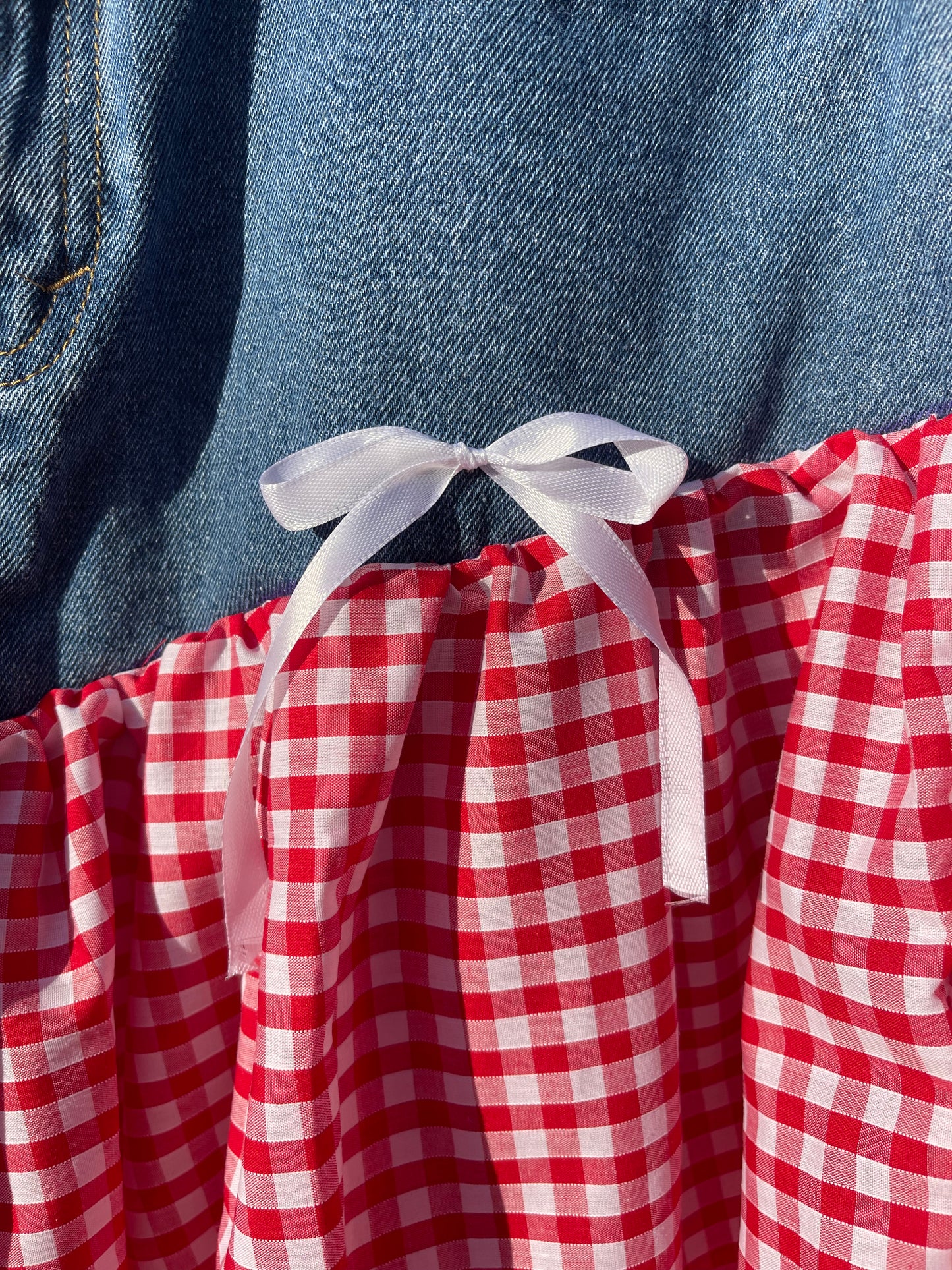 Denim and red gingham maxi skirt
