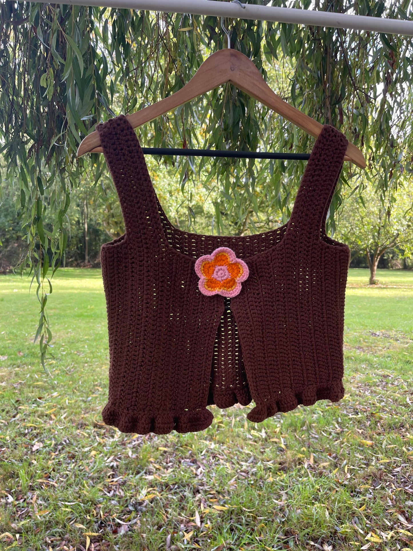 Brown Crochet Top with Flower Button