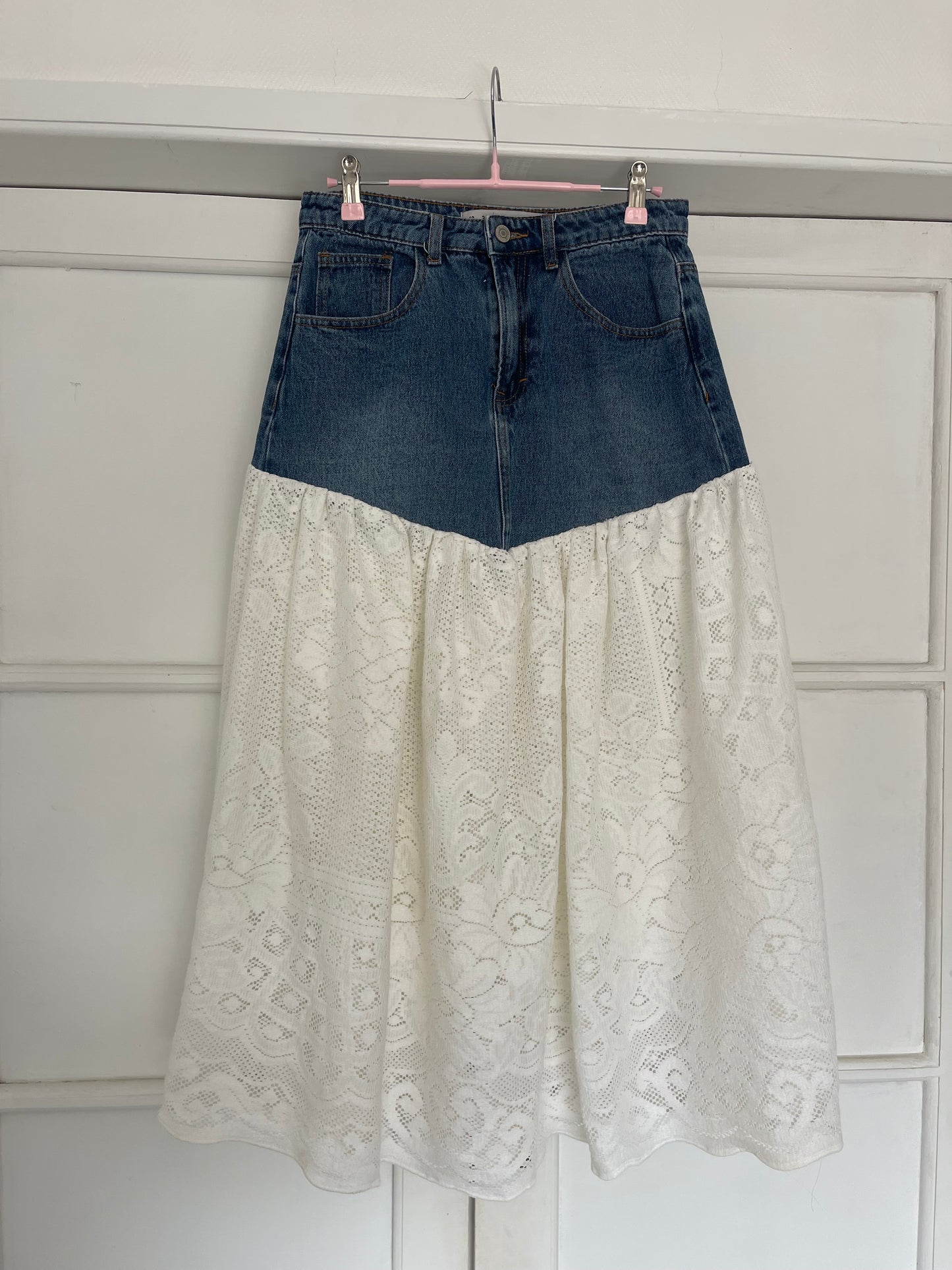 denim & lace upcycled skirt