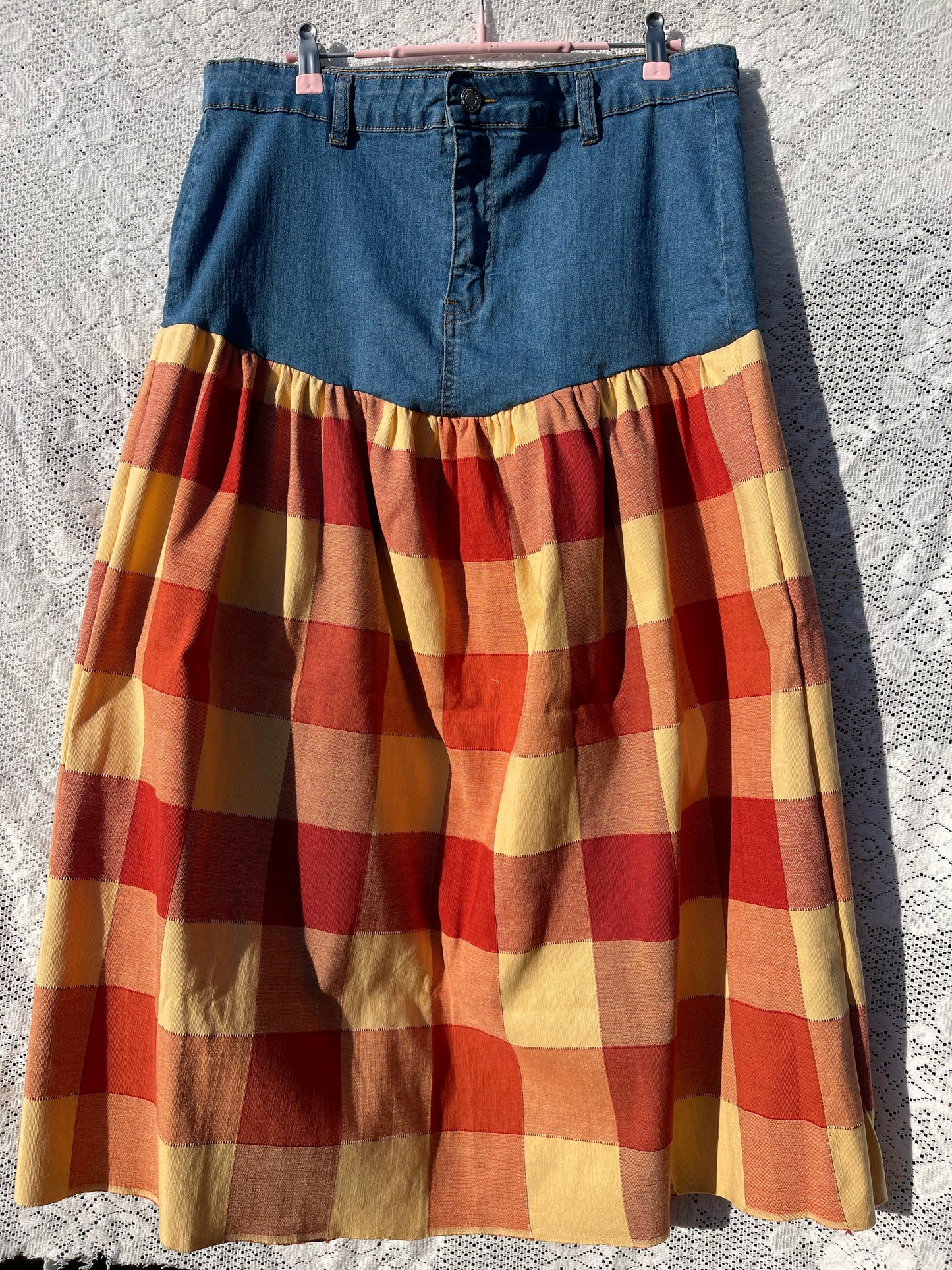 Denim and checkered maxi skirt