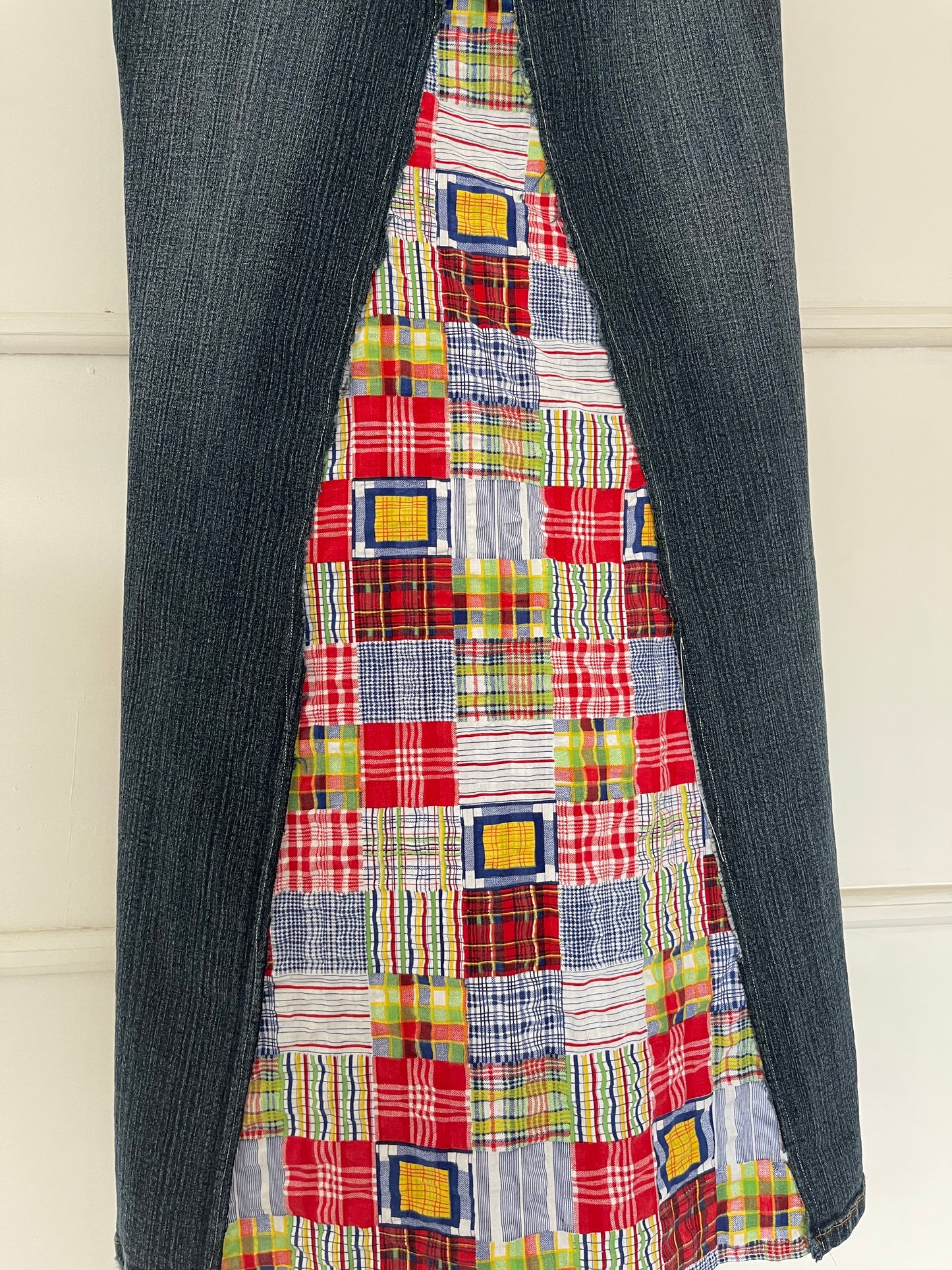 Upcycled denim & patchwork maxi skirt
