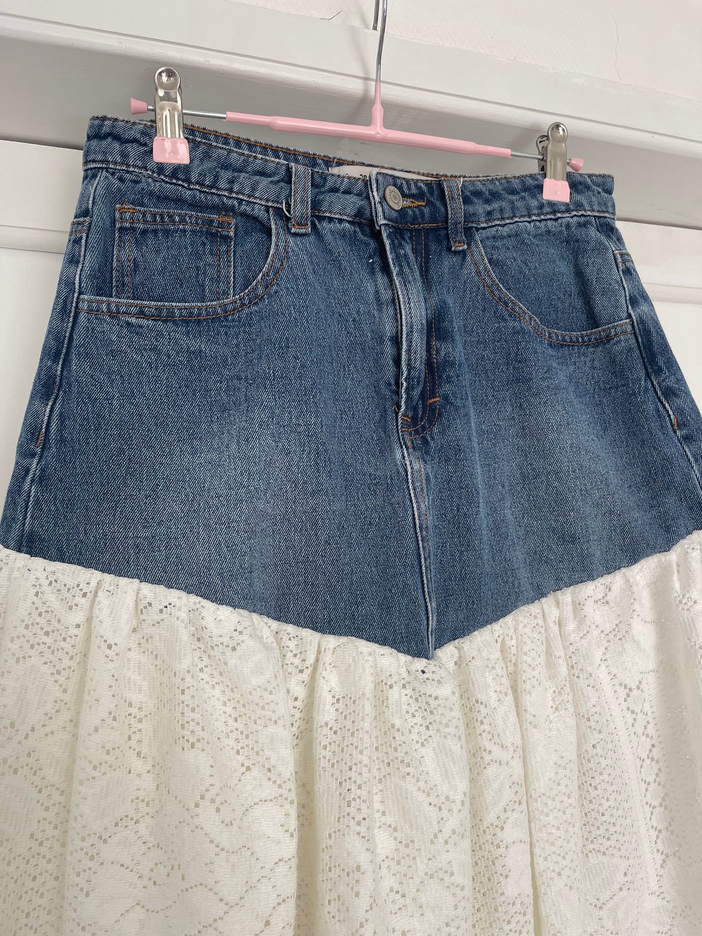 denim & lace upcycled skirt