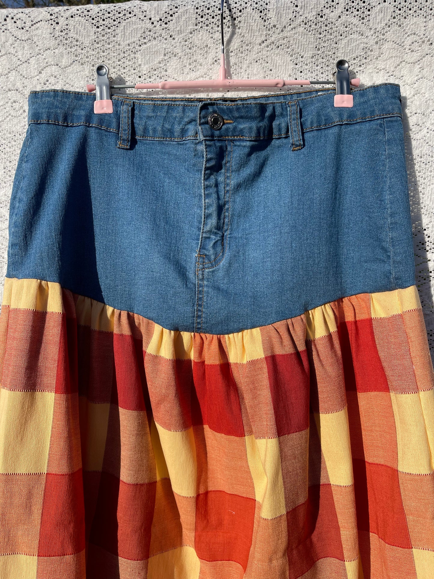 Denim and checkered maxi skirt