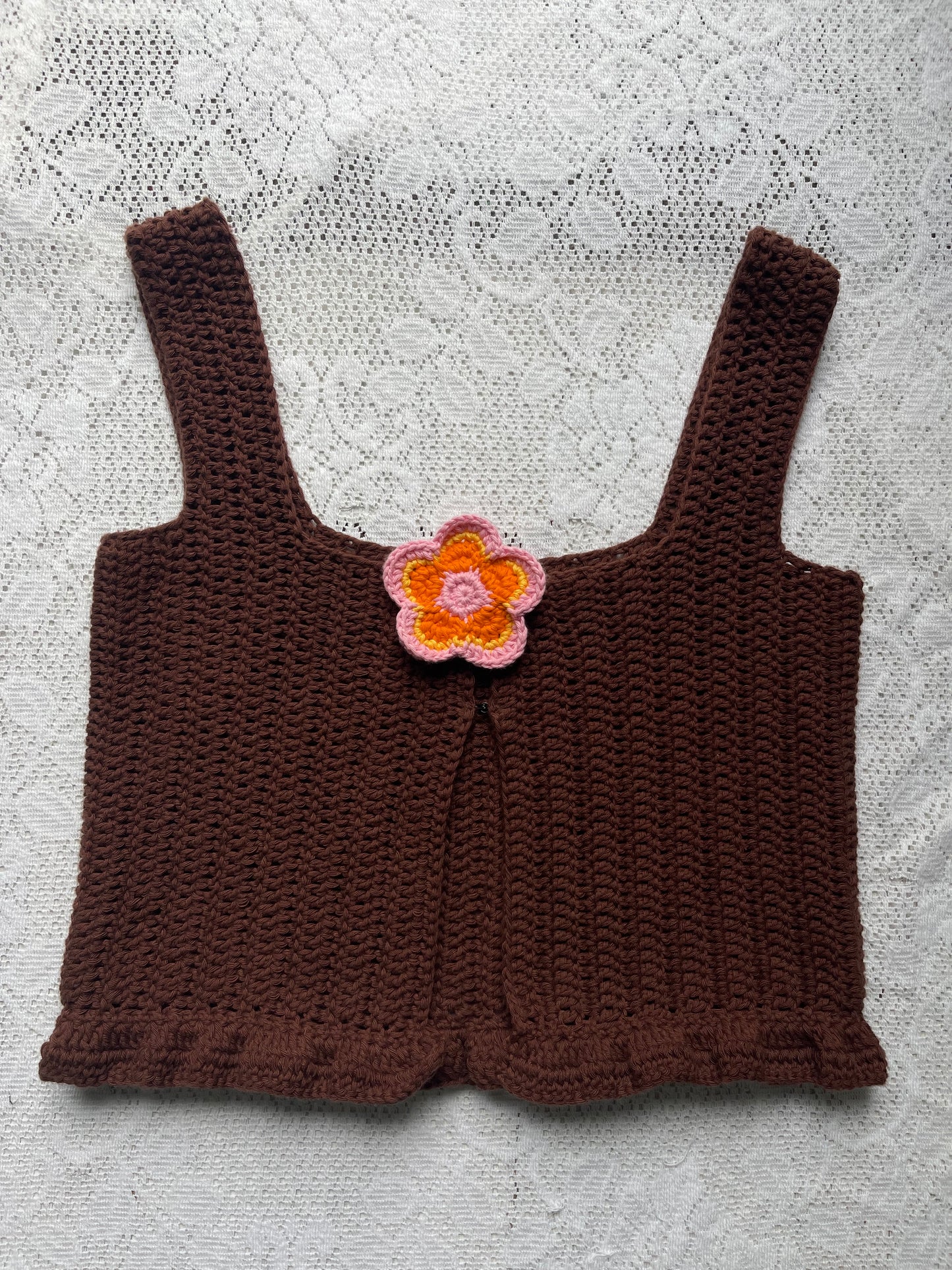 Brown Crochet Top with Flower Button