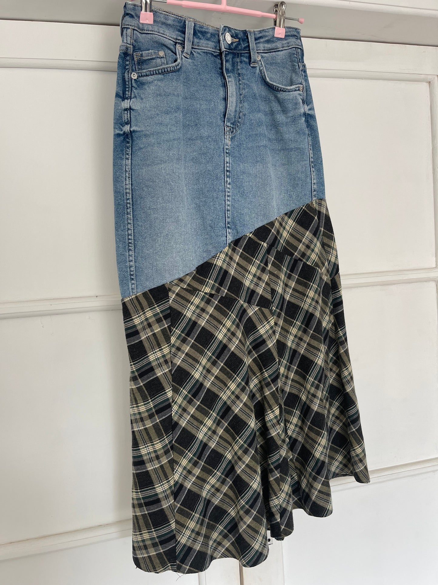 Upcycled denim and tartan skirt
