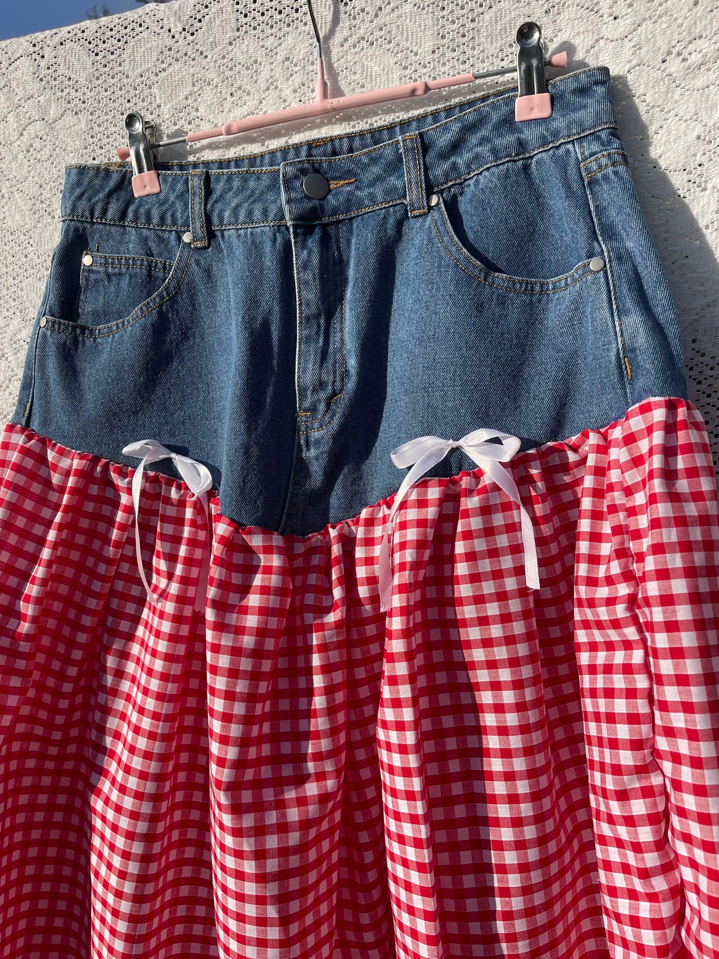 Denim and red gingham maxi skirt
